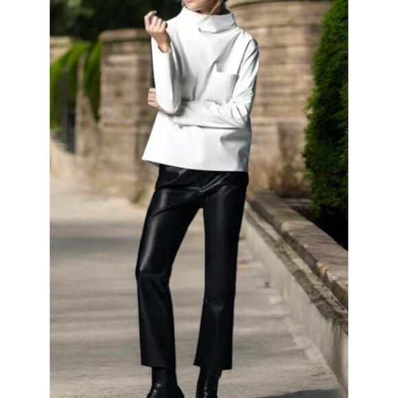 NWT - Zara Faux Leather with Crew Neck Ling Sleeve Taupe Top Medium - Picture 3 of 7